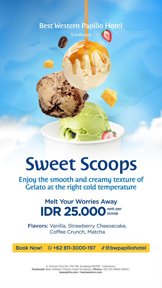 Indulge in the smooth and creamy sensation of our signature gelato in Surabaya! Crafted at the perfect temperature, it’s ideal for dessert lovers seeking a sweet experience at our hotel.

Available at Swallow Tail Lounge, Lobby-1st Floor

#hotelsurabaya #bestwesternpapiliohotel
