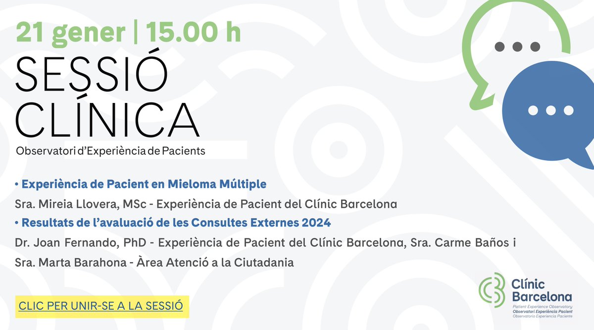 ObservatoriXPA's tweet photo. 🗓️ 21 de gener, 15h 
📢Sessió clínica d'XPA de l'@hospitalclinic, on parlarem de:
🔶XPA en Mieloma Múltiple - Sra. Mireia Llovera
🔶Resultats de l'avaluació de Consultes Externes 2024 - Dr. Joan Fernando, Sra. Carme Baños i Sra. Marta Barahona
Connexió a: https://t.co/XRzthrltbN https://t.co/Q3LVTSA4Vr