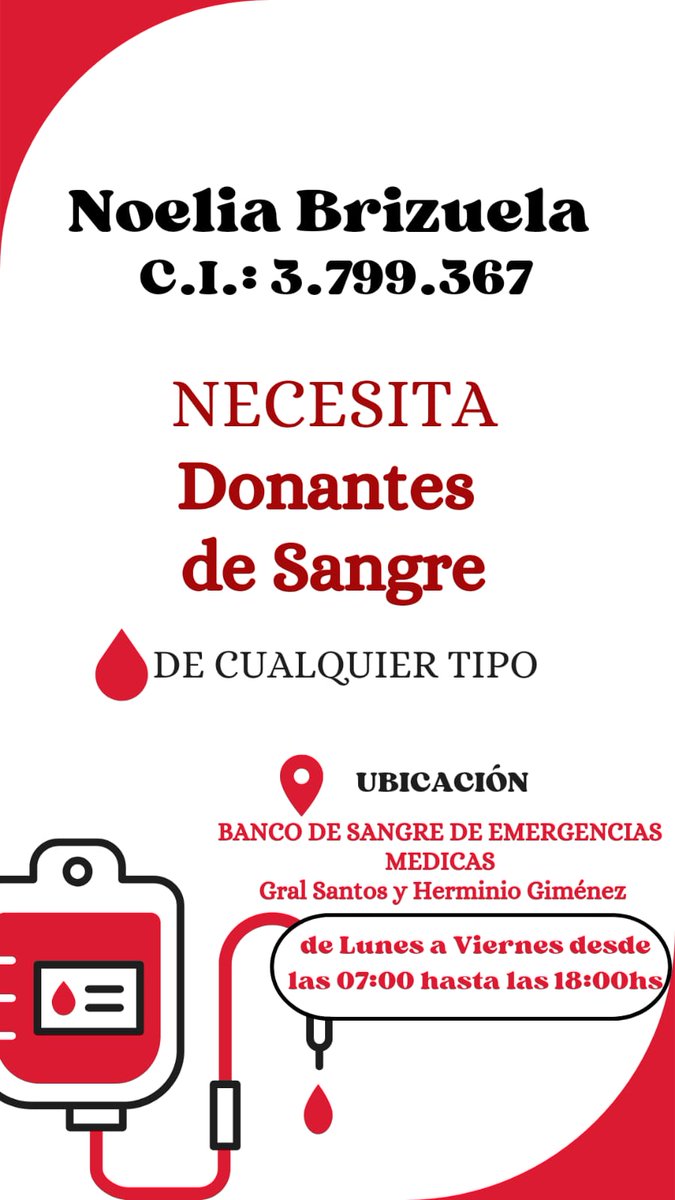 Está en tu sangre salvar vidas! 🙏🏼
Hoy Noelia Brizuela  te necesita para luchar, sanarse y volver al lado de su familia! 🙌🏼🩸❤️