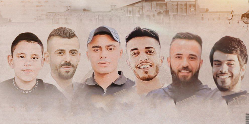 Palestinian people pray for the six Palestinian civilians murdered by the israelis in a missile strike last night on Jenin city refugee camp, in Palestine