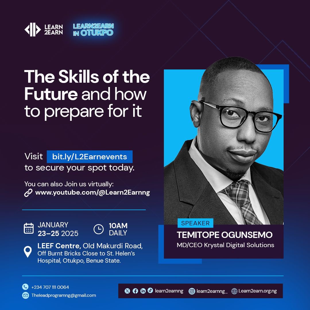 TMOgunsemo's tweet photo. Excited to announce that the @learn2earnNG project is fully set to launch this month, in Otukpo and its environs. 

Learn2Earn is kicking off an innovative program on January 23rd and 24th. It's not just an event, but the beginning of a journey that could redefine the learning future.

Explore cutting-edge digital skills, from Al and Blockchain to Cybersecurity and beyond. Discover how creativity, innovation, and career readiness can open global earning opportunities. 

Visit https://t.co/0aYTjzWegv to register and plan to attend. This is a chance to start 2025 on a high note!

#TMO 
#Kickingoff2025Innovations
#Learn2Earn