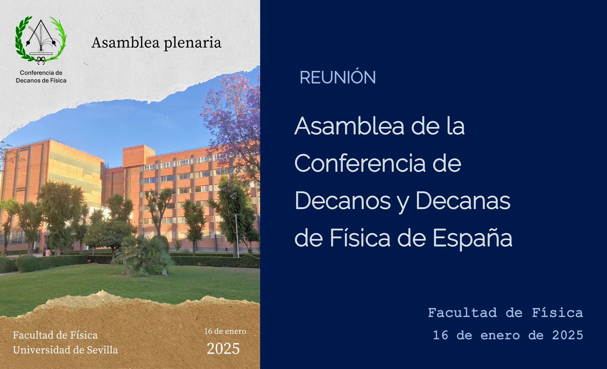 Facultad Física US (@fisicaus) on Twitter photo Mañana, 16 de enero, se reunirá en la <a href="/fisicaUS/">Facultad Física US</a> la Asamblea de la Conferencia de Decanos y Decanas de Física de España.
En ella se tratarán temas como el reconocimiento de créditos a nivel nacional, el desarrollo de dobles grados y reconocimiento de competencias profesionales. Mañana, 16 de enero, se reunirá en la <a href="/fisicaUS/">Facultad Física US</a> la Asamblea de la Conferencia de Decanos y Decanas de Física de España.
En ella se tratarán temas como el reconocimiento de créditos a nivel nacional, el desarrollo de dobles grados y reconocimiento de competencias profesionales.