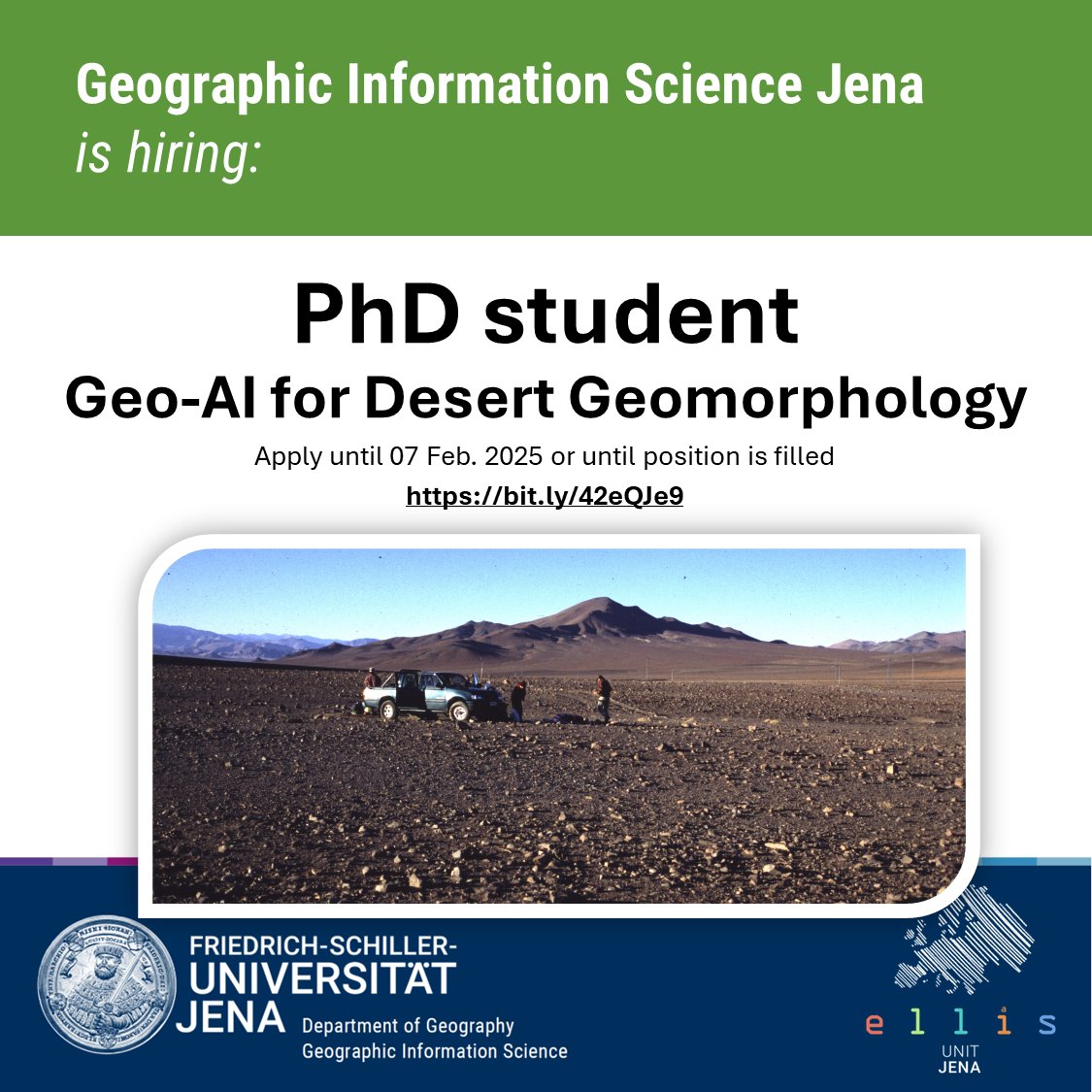 Alexander Brenning (@geobrenning) on Twitter photo We're hiring! #PhDposition on #GeoAI for #geomorphology in our DFG project on desert pavement in #Namibia.
- #Digitalsoilmapping
- Demanding #fieldwork
Details: bit.ly/42eQJe9
<a href="/UniJena/">Universität Jena</a> <a href="/Ellis_Unit_Jena/">ELLIS Unit Jena</a>
#GIScience #remotesensing We're hiring! #PhDposition on #GeoAI for #geomorphology in our DFG project on desert pavement in #Namibia.
- #Digitalsoilmapping
- Demanding #fieldwork
Details: bit.ly/42eQJe9
<a href="/UniJena/">Universität Jena</a> <a href="/Ellis_Unit_Jena/">ELLIS Unit Jena</a>
#GIScience #remotesensing