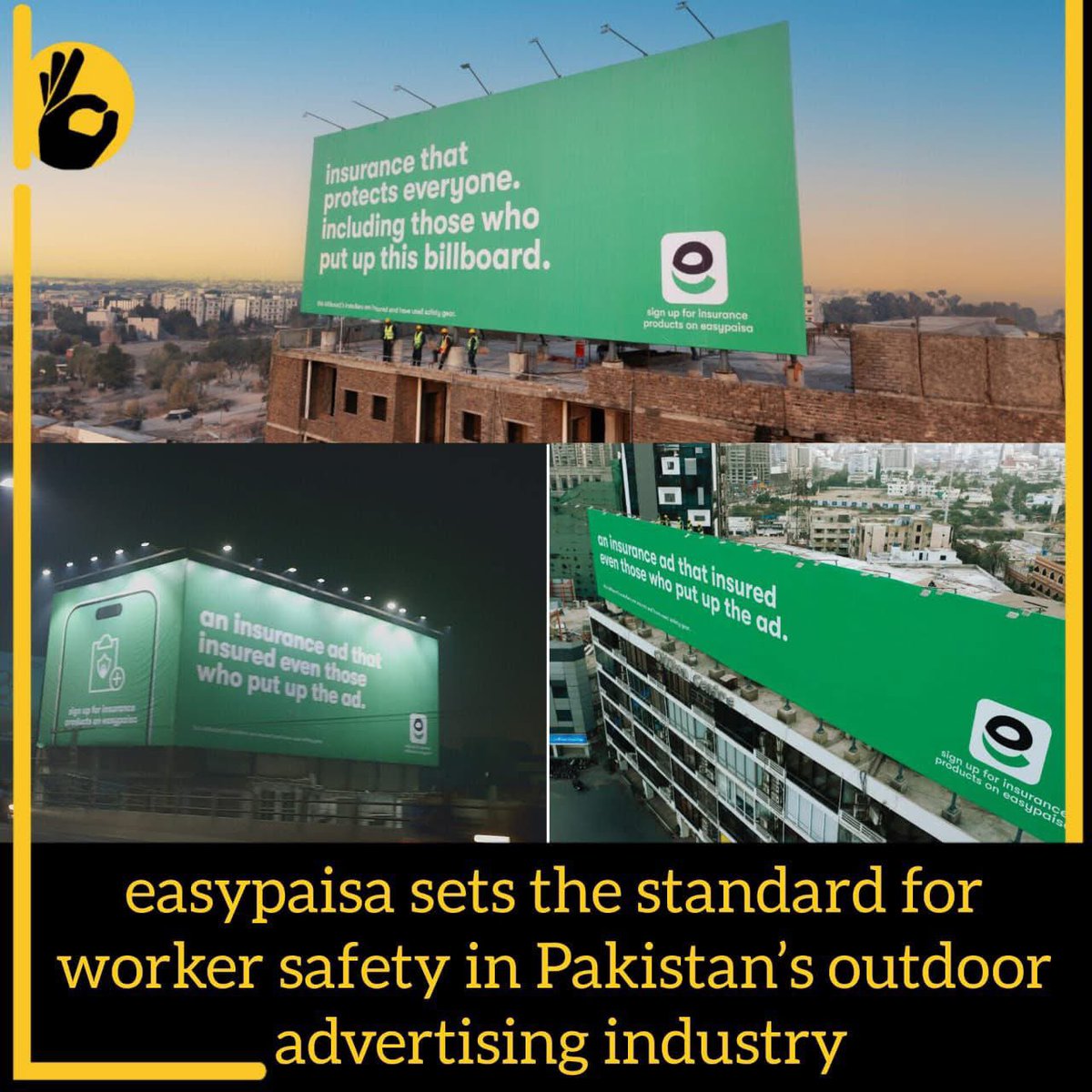 Behtareenpk's tweet photo. easypaisa sets a new standard for worker safety in Pakistan's outdoor advertising industry! They're providing billboard installers with comprehensive life and health insurance and top-notch safety gear. Let's make safety a priority!

Read: https://t.co/T1QHcVoizF

#easypaisa https://t.co/8gFEgtQXH4