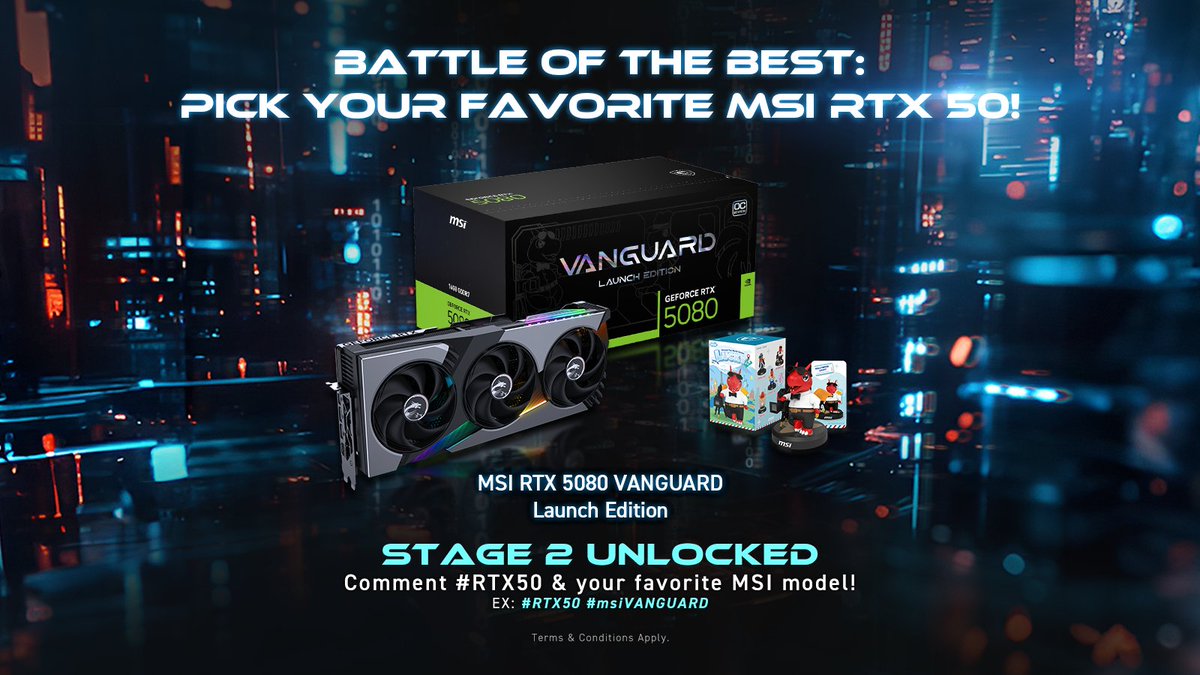 msigaming_de's tweet image. Stage 2 🔓️ – die MSI RTX 5080 VANGUARD Launch Edition ist jetzt im Preispool 🎉  

Wähle deine Lieblings-Grafikkarte der MSI RTX 50 Serie und teile sie in den Kommentaren mit #RTX50.  
z. B. #RTX50 #msiVANGUARD  

msi.gm/RTX50  

#MSIxFutureAI #BattleoftheBest
