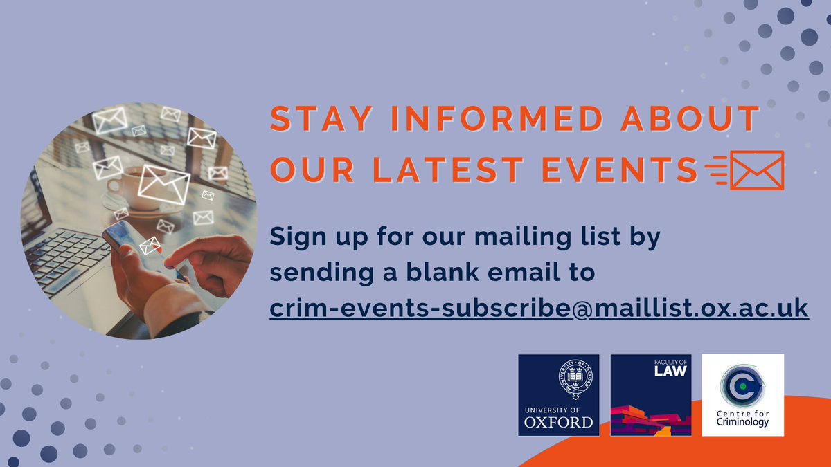 Oxford Criminology (@oxfordcrim) on Twitter photo Stay up to date with our latest eventsđź””
Subscribing to our mailing list is easy - just send a blank email to crim-events-subscribe@maillist.ox.ac.uk to join! Stay up to date with our latest events🔔
Subscribing to our mailing list is easy - just send a blank email to crim-events-subscribe@maillist.ox.ac.uk to join!