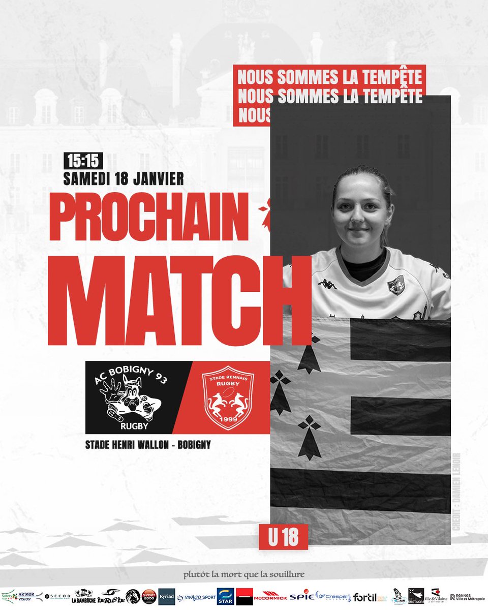 U18 : AC Bobigny 93 x Stade Rennais Rugby⛈️

Nos mini-tempêtes se déplacent à Bobigny pour le premier match de l’année 2025. ❤️🖤

🗓️ Samedi 18 Janvier 
🏟️ Stade Henri Wallon
⏰ Coup d’envoi 15h15