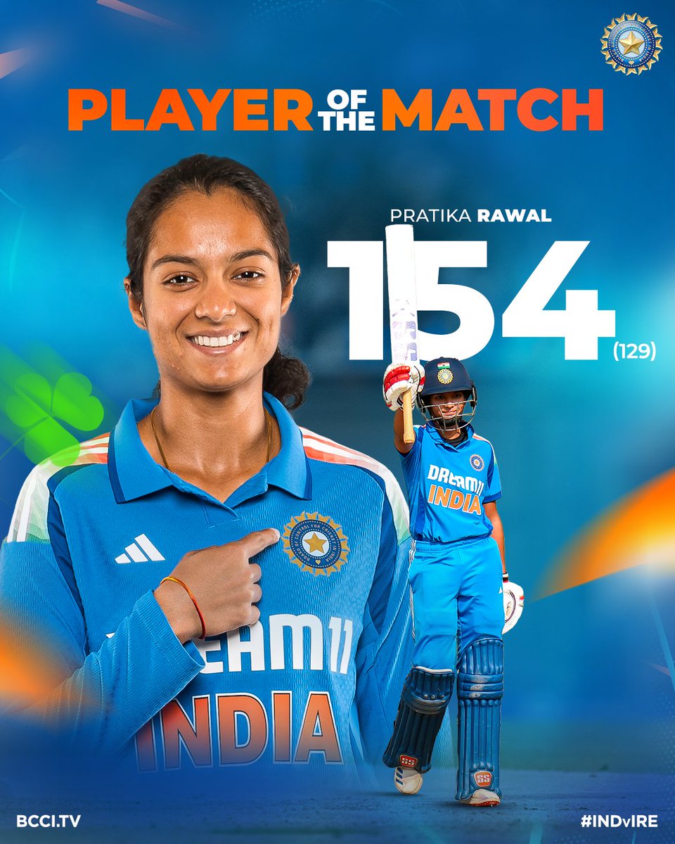 Pratika Rawal scored her maiden international 💯 and bagged the Player of the Match award in the third &amp; final #INDvIRE ODI 🙌 🙌

Scorecard ▶️ bit.ly/INDWvIREW-3rdO…

#TeamIndia | <a href="/IDFCFIRSTBank/">IDFC FIRST Bank</a>