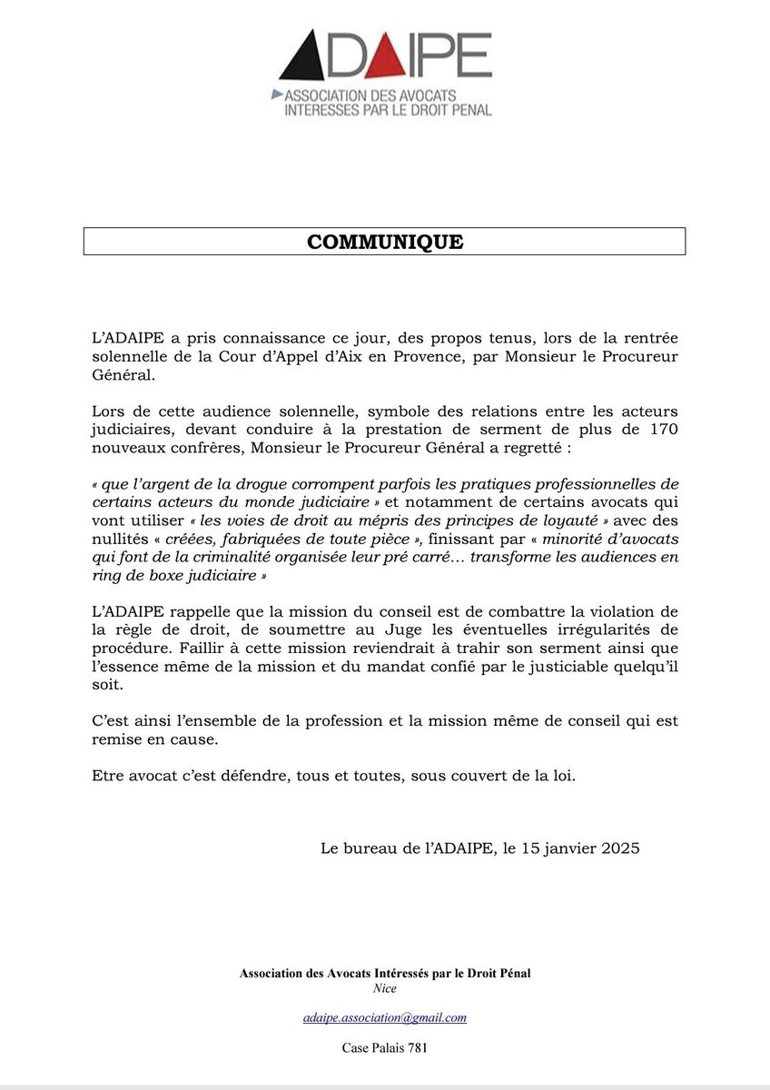 Communiqué en réaction aux propos de M le Procureur Général da la CA AIX-EN-PROVENCE lors de la rentrée solennelle de ce lundi 13.01.25
<a href="/OrdreavocatsN/">Barreau de Nice</a> <a href="/CNBarreaux/">Conseil national des barreaux - les avocats</a> 
<a href="/PetitesAffiches/">📙 Petites Affiches06</a>