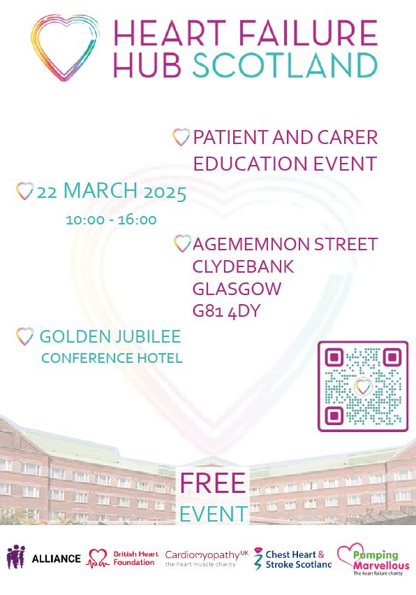 Heart Failure Hub Scotland have organised a Patient and Carer Education Event. This is a free event however spaces are limited so be sure to book a place if you plan to attend. It will be held in the Golden Jubilee Hotel in Glasgow and there are rooms reserved for a discounted