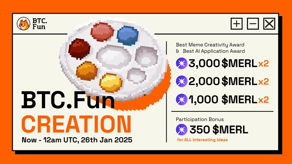 🚀Calling all innovators! 

Share your ideas for Bitcoin Memes 🐶 or AI Agent applications 🤖 to win big!

1️⃣ Best Meme Creativity Award
1st: 3,000 $MERL | 2nd: 2,000 $MERL | 3rd: 1,000 $MERL
2️⃣ Best AI Application Award
1st: 3,000 $MERL | 2nd: 2,000 $MERL | 3rd: 1,000 $MERL
3️⃣