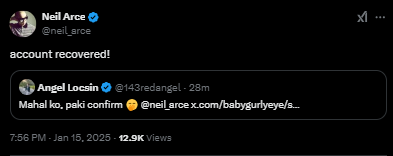 Neil Arce confirmed that his wife, Angel Locsin, has successfully recovered her hacked account on X (formerly Twitter). | via <a href="/mjfelipe/">MJ Felipe</a>