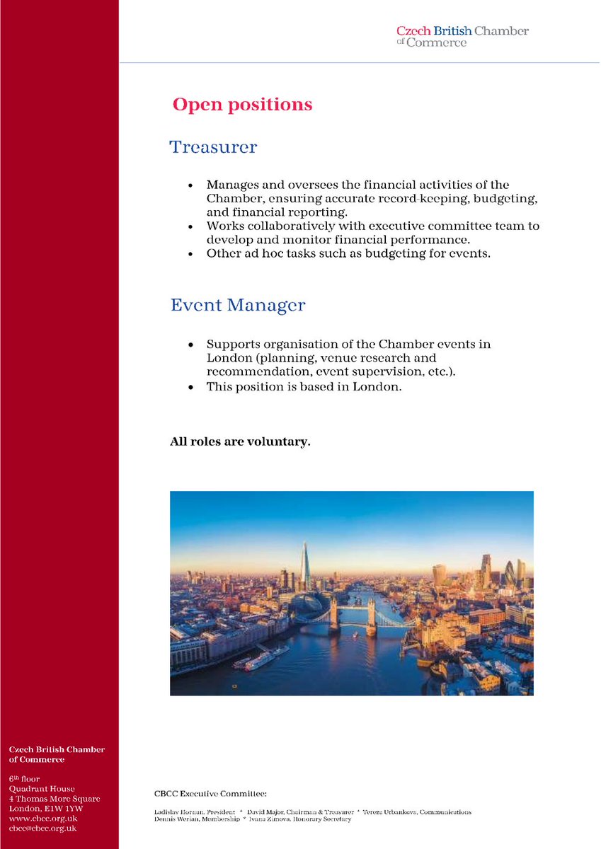 ⭐New year, new development opportunity!⭐
Join the CBCC's Executive Committee in one of the roles below to contribute to the success of the organisation, gain invaluable experience and expand your network.

In case of interest, please email tereza@cbcc.org.uk.