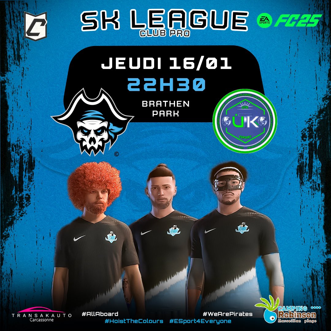 Nos pirates participent demain à leur troisième compétition avec la CUP SK LEAGUE 👊⚽️

Premier match de phase de poules contre UTK ESPORT ⚔️

À suivre sur notre Twitch 📺

#WeArePirates #AllAboard #eSport4Everyone