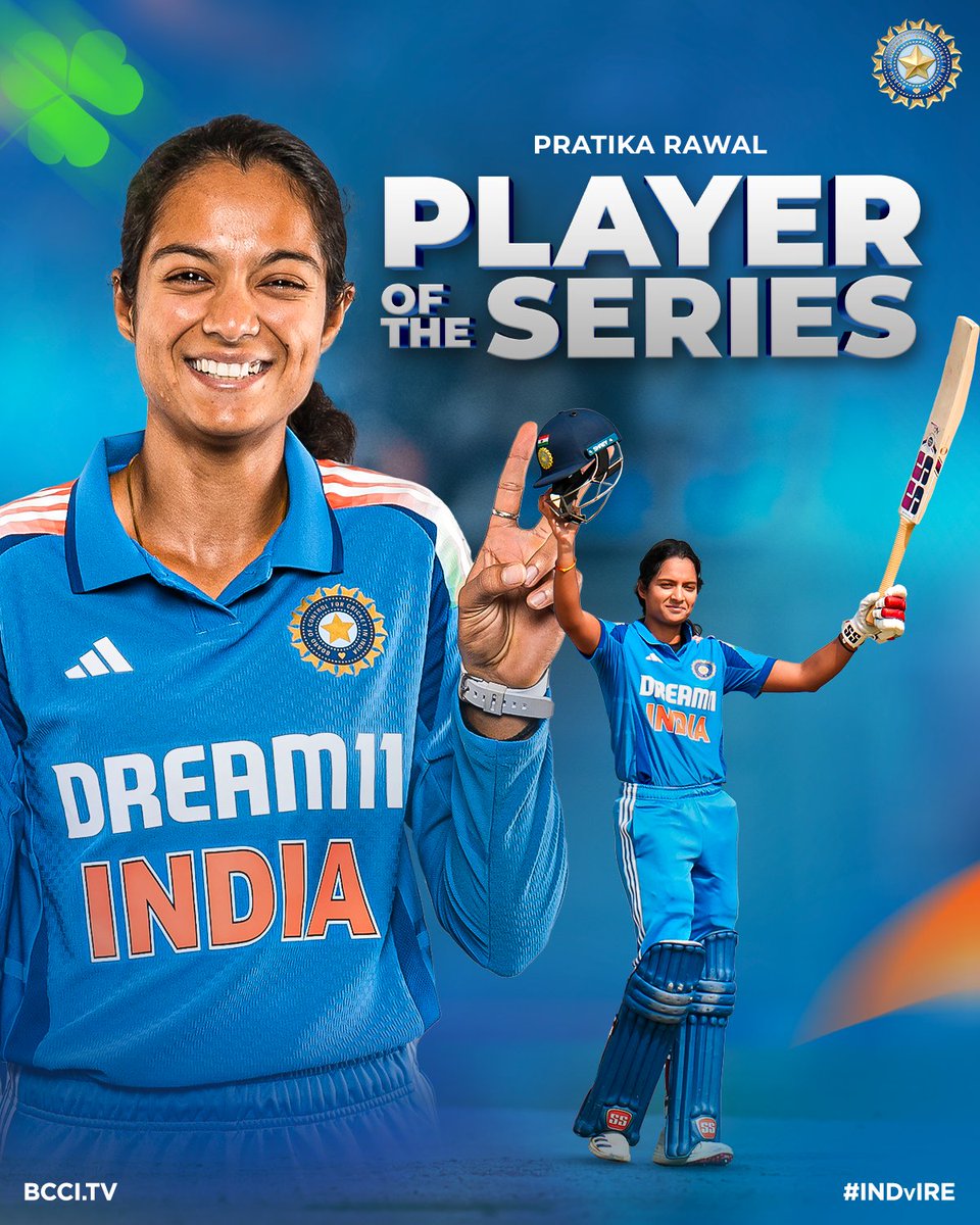 BCCIWomen's tweet photo. 3⃣ Matches
3⃣1⃣0⃣ Runs
1⃣ Hundred
2⃣ Half-centuries

Pratika Rawal put on a stunning show with the bat to win the Player of the Series award! 👏 👏

#TeamIndia | #INDvIRE | @IDFCFIRSTBank https://t.co/TZRxD1ett8