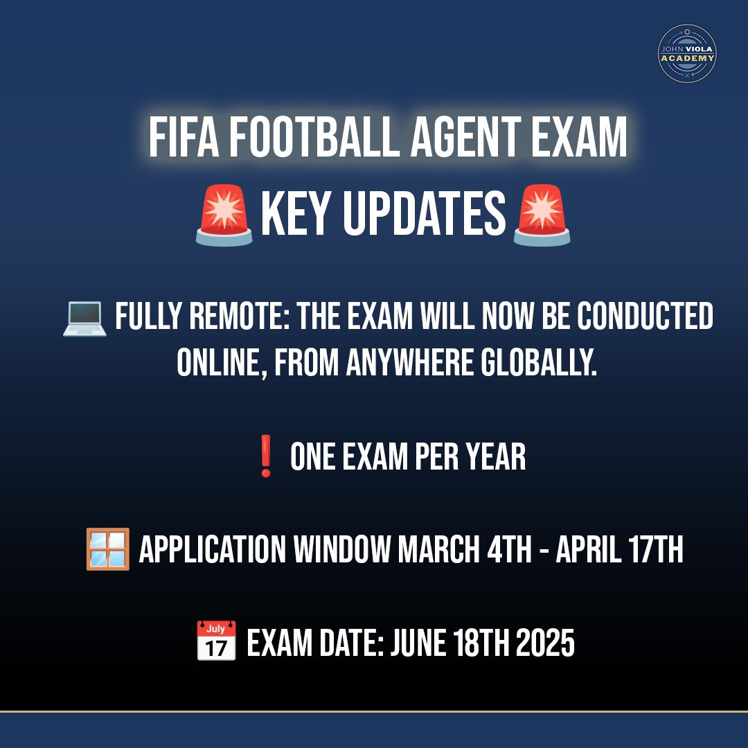 ❗Significant changes in the FIFA Football Agent exam 2025 ❗

Some mixed feelings on this in the industry.

Firstly, how will <a href="/FIFAcom/">FIFA</a> maintain transparency and ensure fairness?

Secondly, is this a step backwards considering the whole purpose of the exam is for more regulation?