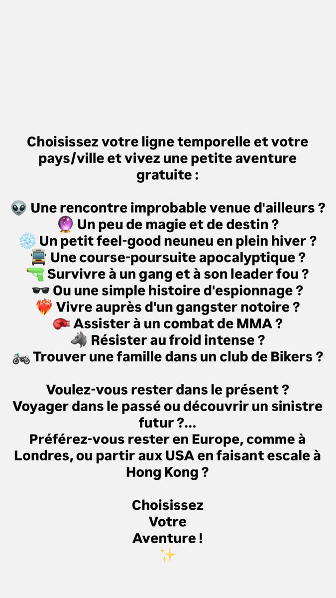 Alisone_Davies's tweet image. archiveofourown.org/series/3778654
Choisissez votre Monde, prenez une Ligne Temporelle et...
... Bonne aventure !
#Aventure #Histoires #Mondes #Saga #Auteure #Ecrivaine #Timeline #adventuretime