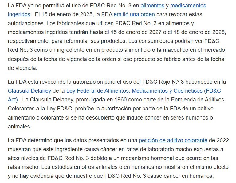 #MUNDO  La Administración de Alimentos y Medicamentos de Estados Unidos (FDA) anunció la prohibición del Colorante Rojo Nº 3 en alimentos tras encontrar que causa cáncer en animales, pese a que no existe evidencia de provocar lo mismo en humanos. <a href="/ztatianarh/">Zharick Tatiana Ruiz</a> <a href="/CaracolRadio/">Caracol Radio</a>