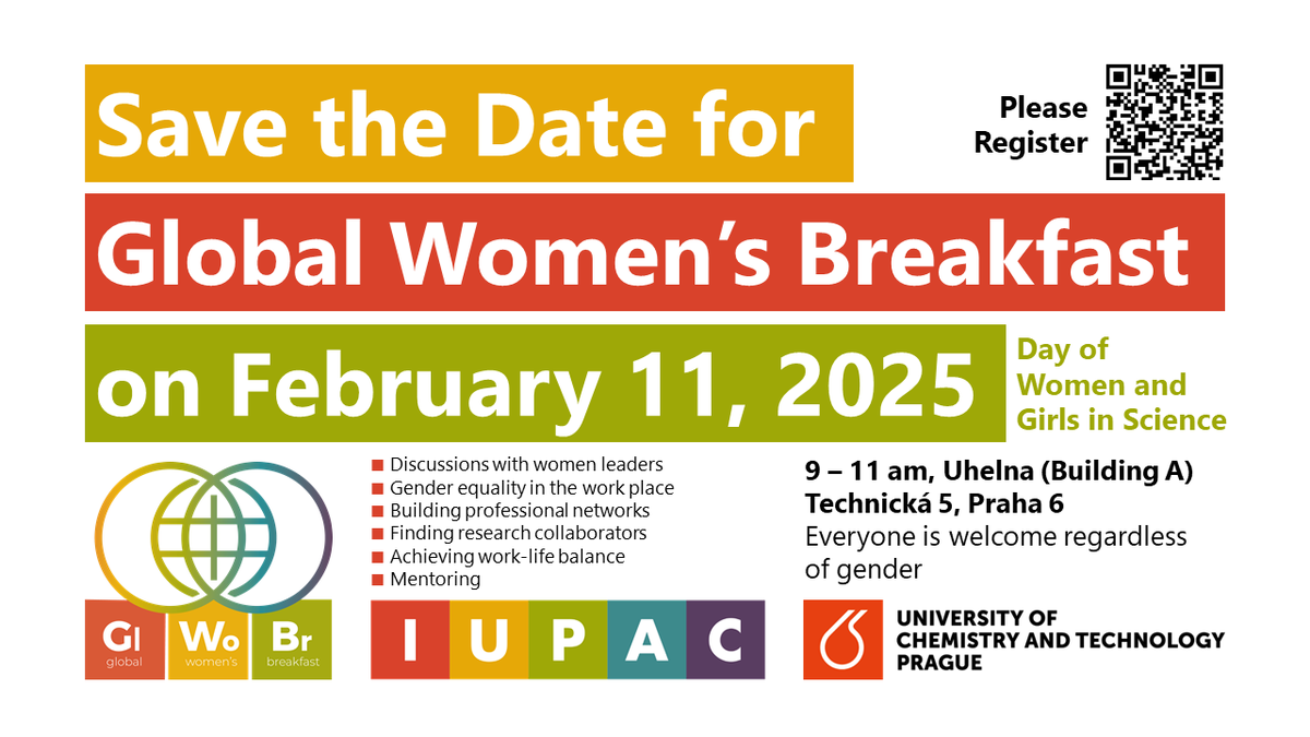 Jitka Cejkova (@cejkovajitka) on Twitter photo Join us on 11 February 2025 for <a href="/IUPAC/">IUPAC</a> Global Women’s Breakfast #GWB2025 at <a href="/VSCHT/">VŠCHT / UCT Prague</a> #Prague.
Organized by <a href="/CejkovaJitka/">Jitka Cejkova</a> and <a href="/a_vanluchene/">Anna Vanluchene</a>.
fchi.vscht.cz/gwb Join us on 11 February 2025 for <a href="/IUPAC/">IUPAC</a> Global Women’s Breakfast #GWB2025 at <a href="/VSCHT/">VŠCHT / UCT Prague</a> #Prague.
Organized by <a href="/CejkovaJitka/">Jitka Cejkova</a> and <a href="/a_vanluchene/">Anna Vanluchene</a>.
fchi.vscht.cz/gwb