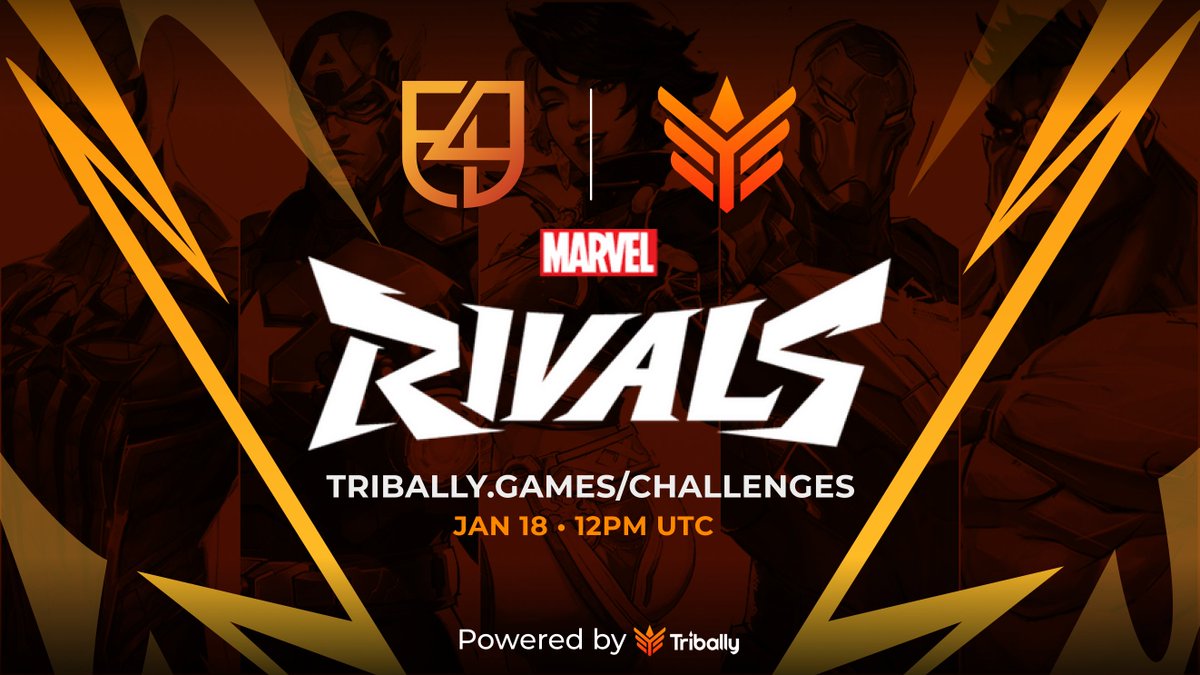 IT'S HERO TIME🚀E4E x TRIBALLY are coming to take on formidable challenges in <a href="/MarvelRivals/">Marvel Rivals</a> this Saturday🦸

Ft a Web3 all-star team <a href="/Chief_AxieGG/">Chief | $GG</a> <a href="/Sunseenx1/">Sunseen</a> <a href="/midopals/">Mido</a> @DyGunlocke &amp; more

Will they rack up the wins &amp; glory? You decide!
🗓️Jan 18, 12pm utc on <a href="/TriballyGames/">Tribally | 📲🚽</a>