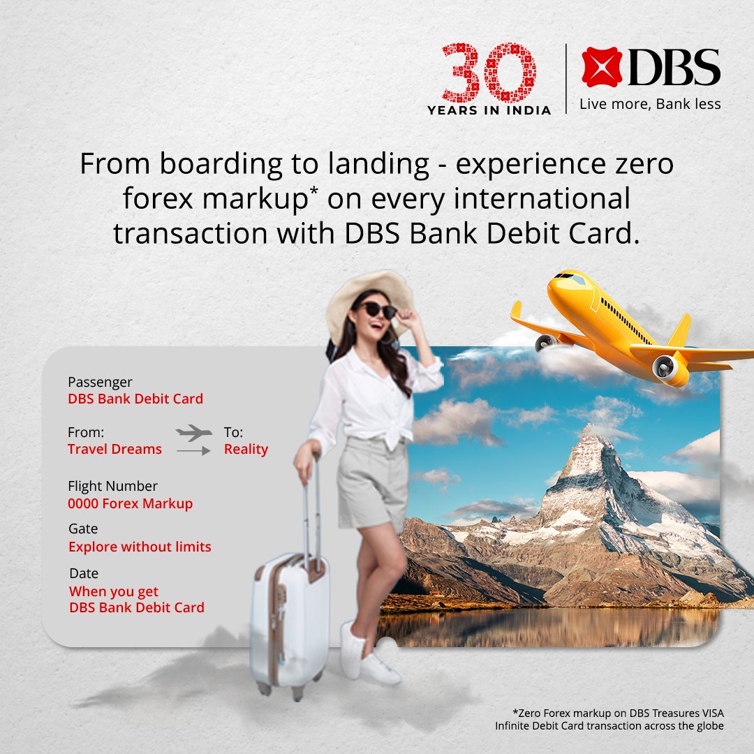 digibank's tweet photo. Dreams boarding now! Say goodbye to extra fees and hello to seamless travel with zero forex markup* on every international transaction using your DBS Bank Debit Card.
#ZeroForexMarkup #DBSBankIndia #DBSBank
*T&C Apply https://t.co/PEkyqgtacT