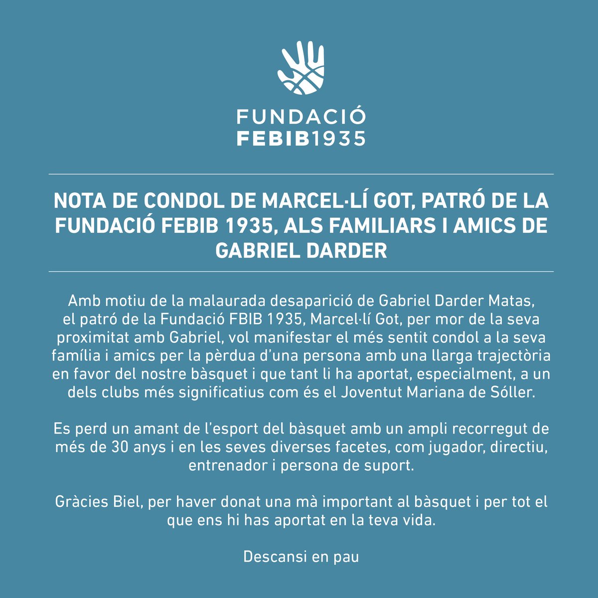 📜 La carta de condol per la pèrdua de Gabriel Darder d'un dels nostres patrons, Marcel·lí Got

Descansi en pau

#volsuncopdemà