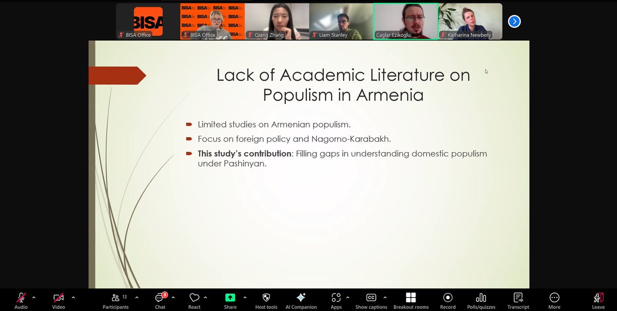 BISA - British International Studies Association (@mybisa) on Twitter photo Our next panels are covering everything from Constructing World Politics, Perspectives on Foreign Policy & Diplomacy, to IR pedagogy, and Violence, Conflict, & Culture
<a href="/caglarezikoglu/">Çağlar Ezikoğlu</a> is discussing populism in Armenia
@AgarwalAmya <a href="/ShefUniPolitics/">Sheffield Politics and International Relations</a> <a href="/NickCaddick1/">Nick Caddick</a> #VirtualBISA2025 Our next panels are covering everything from Constructing World Politics, Perspectives on Foreign Policy & Diplomacy, to IR pedagogy, and Violence, Conflict, & Culture
<a href="/caglarezikoglu/">Çağlar Ezikoğlu</a> is discussing populism in Armenia
@AgarwalAmya <a href="/ShefUniPolitics/">Sheffield Politics and International Relations</a> <a href="/NickCaddick1/">Nick Caddick</a> #VirtualBISA2025