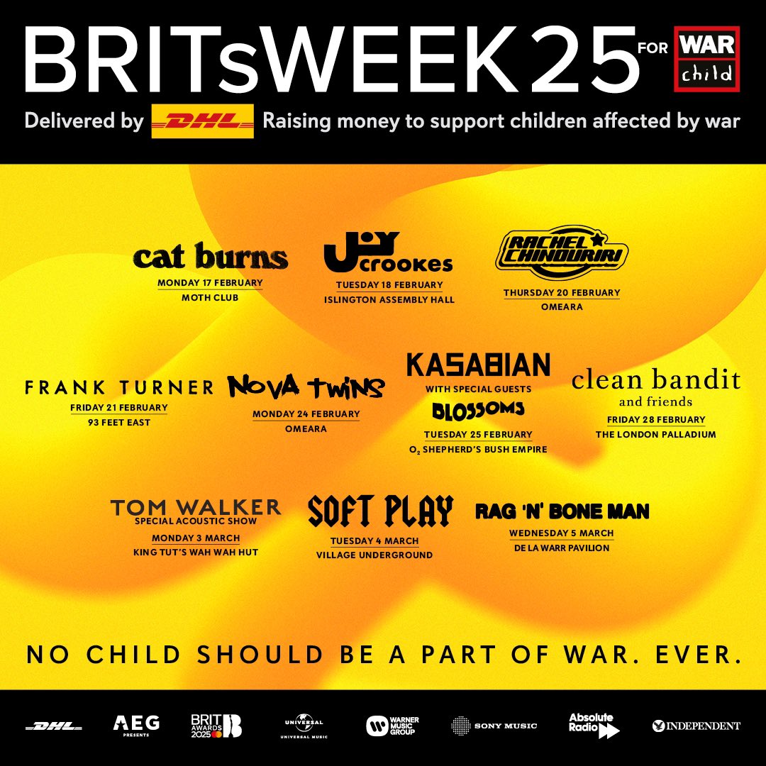 Chuffed to be able to put on a show as part of #BRITsWeek to raise money for <a href="/WarChildUK/">War Child UK</a> alongside so many great artists. 
Get out to as many of these special shows as you can and support such an important cause 
Tickets on sale Friday, presale access 👉🏻bit.ly/3ZRZbgI