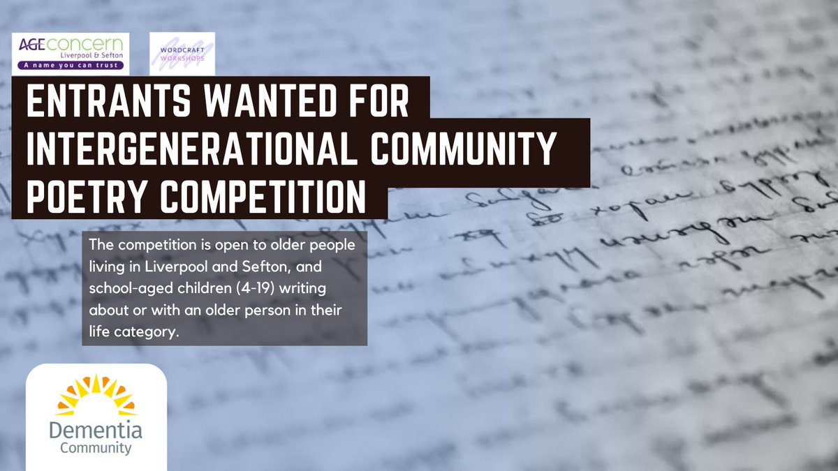 Age Concern Liverpool and Sefton (<a href="/AC_Lpool_Sefton/">AC_Liverpool_Sefton</a>) in conjunction with Wordcraft Workshops are running an intergenerational poetry competition entitled: ‘Together in Verse’. 

Read More: buff.ly/3PxZfNI