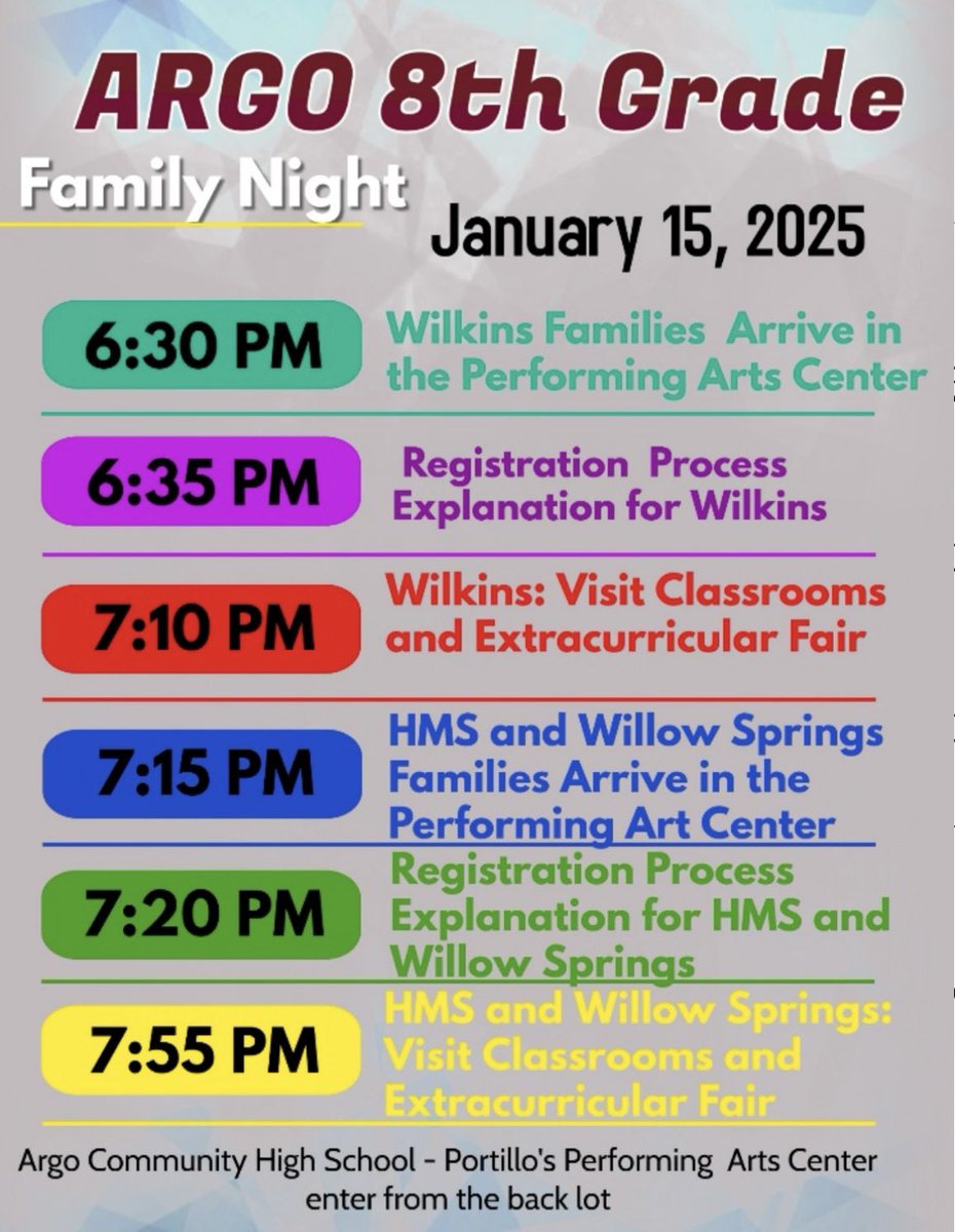 argohs217's tweet photo. 8th Grade Parent Night
TONIGHT (Jan 15, 2025) 
After the presentation, parents and students can explore the building. Teachers, counselors, coaches, and activity sponsors will be available to answer your questions.

We hope to see you there!

@WilkinsJH1 @104Summit https://t.co/Zob35BiXAe