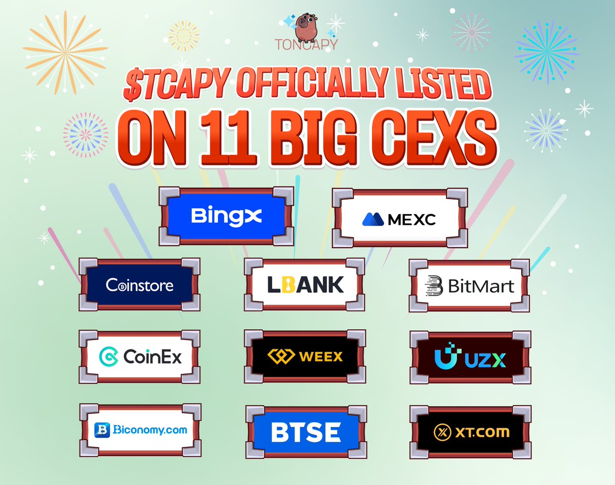 Ton_Capy's tweet photo. $TCAPY Officially Listed on Top Exchanges Today!

🔴The big day has arrived – January 15, 2025 – and we’re proud to announce that $TCAPY is now officially listed on 11 major CEXs!

Here’s where you can trade $TCAPY starting today:

1. BingX (https://t.co/uAr9OOR0iB)
2. MEXC (https://t.co/LPOOtsY7ME)
3. Coinstore (https://t.co/PZLRI4d8Q5)
4. LBank (https://t.co/G9Z7wGgHSu)
5. BitMart (https://t.co/grPw64yZ1I)
6. CoinEx (https://t.co/zyhJitgw7n)
7. WEEX (https://t.co/xPxLMCX3Kz)
8. UZX (https://t.co/niAZGHvaxT) 
9. Biconomy (https://t.co/0rtjK5NzW0)
10. BTSE (https://t.co/Mg1C53E44l)
11. XT (https://t.co/OjD96OfP0B)

TonCapy is committed to driving innovation, expanding our community, and delivering exceptional value.

🌟 Thank you for being part of this journey. Let’s create the future together!