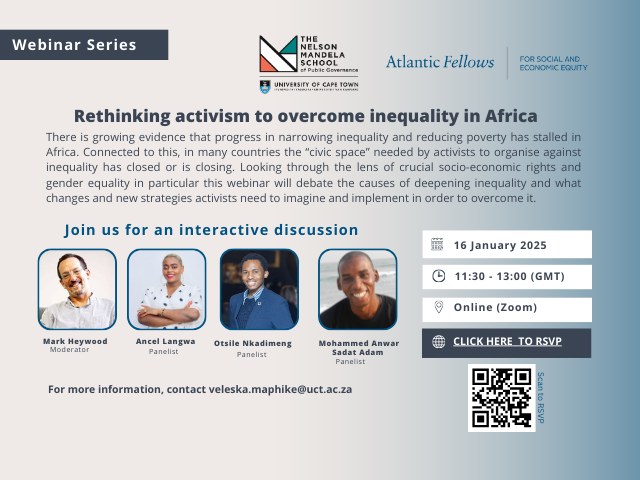 Don't forget to register for our online event 'Rethinking activism to overcome inequality in Africa' co-hosted with <a href="/MandelaUCT/">The Nelson Mandela School</a> tomorrow 16th of January!

🗣️: <a href="/OtsileNkadimeng/">Otsile Nkadimeng</a>, <a href="/langwaancel/">Ancel's World</a>, Mark Heywood &amp; AFSEE Fellow <a href="/adammsadat/">Mohammed-Anwar Sadat</a> 

🎟️Register here: bit.ly/40aDeJT
