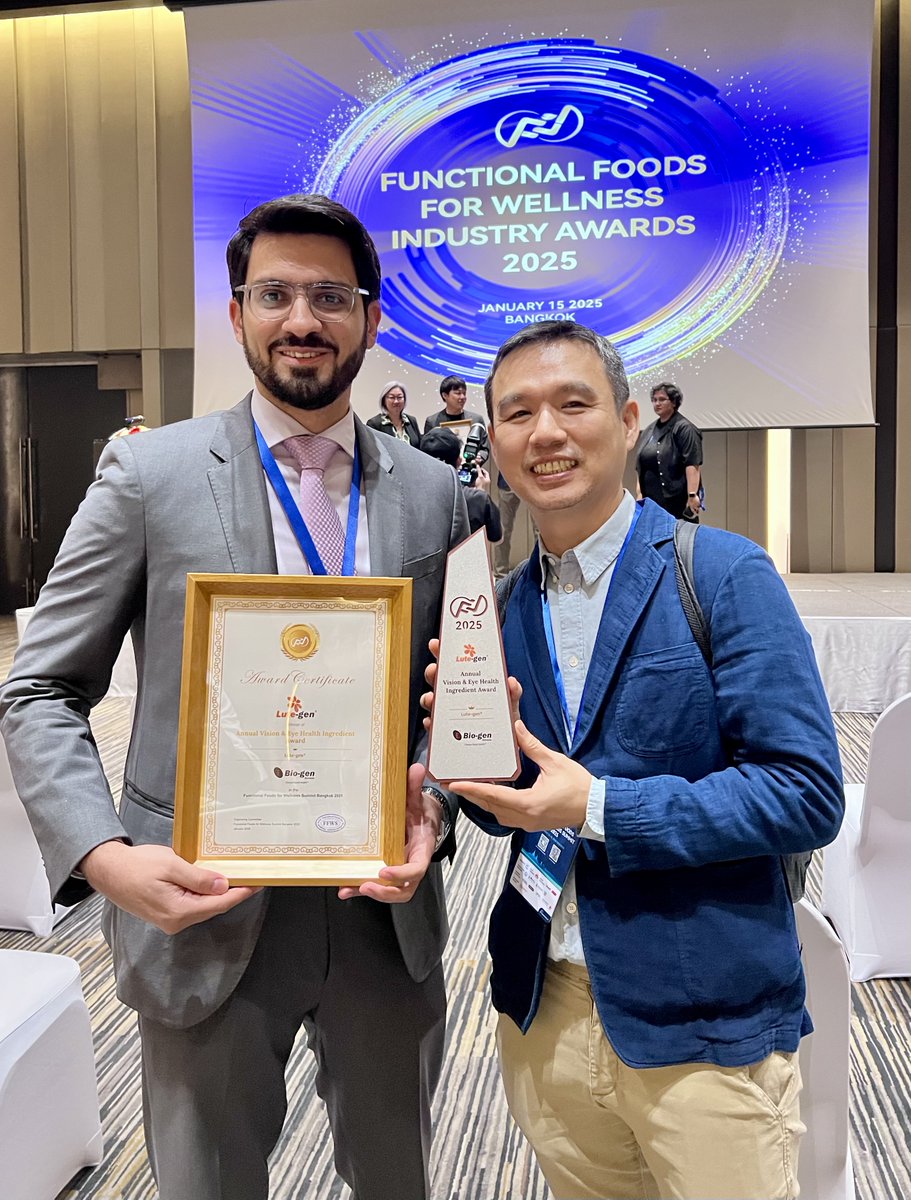 BiogenExtracts's tweet photo. We are beyond excited to share that Lute-gen®, our flagship product, has won the prestigious Annual Vision and Eye Health Ingredient Award at the Functional Foods for Wellness Summit 2025 in Bangkok, Thailand

#BioGenExtracts #ChooseGoodHealth #LuteGen #EyeHealth #FFWS https://t.co/2AVnd0LPdn