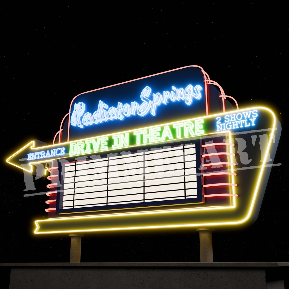 primesarts's tweet photo. Radiator Springs Theatre sign. Made in Blender 3D https://t.co/QG4lDvfJkq