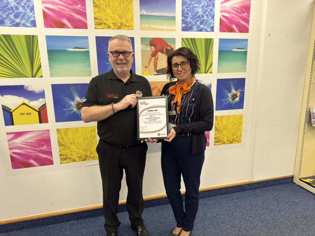 🎉 A Huge Thank You to Hays Travel, Motherwell🎉

We are incredibly grateful to the wonderful team at Hays Travel, Motherwell, for their generous donation of £340 to the Scottish Fire and Rescue Service Family Support Trust (SFRS FST)!
Your support makes a real difference ❤️