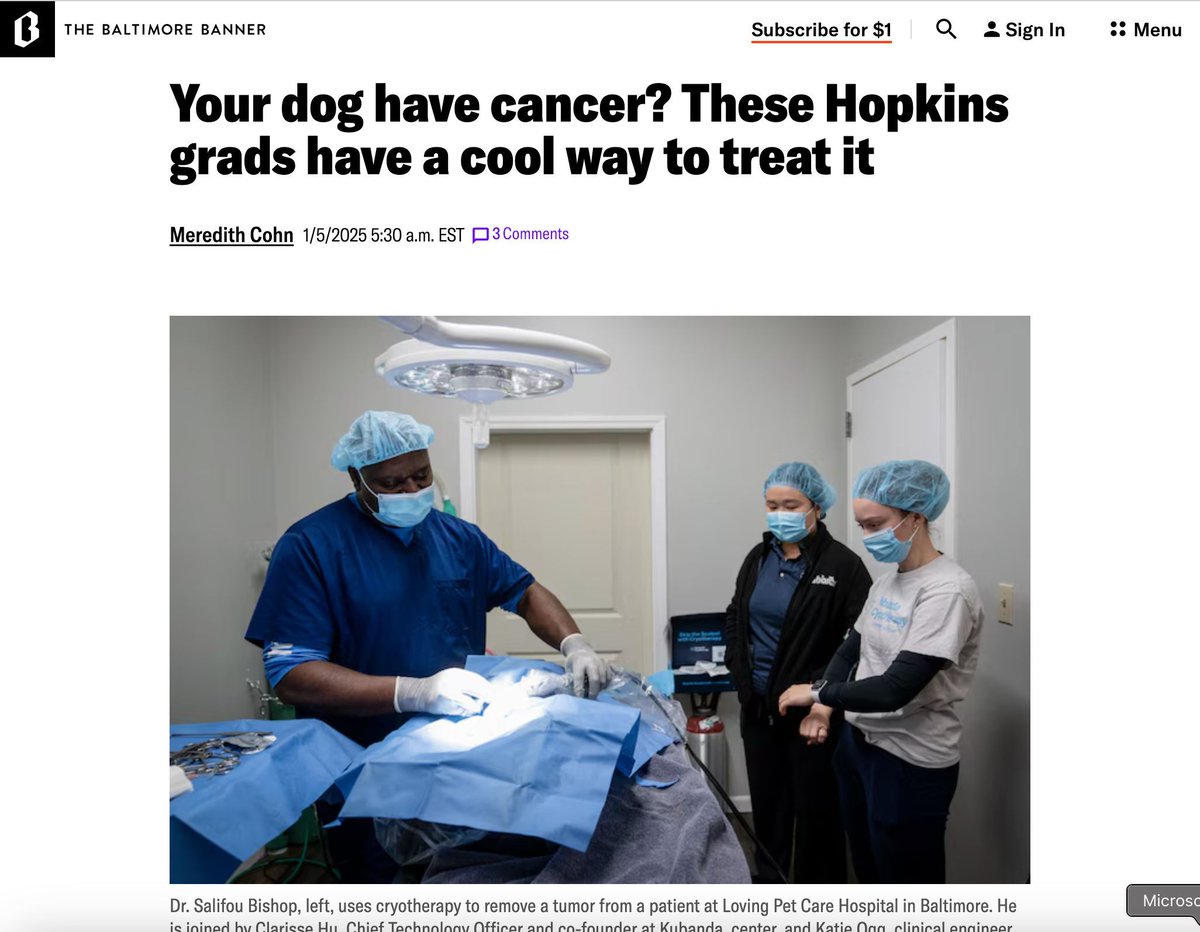 Congratulations to Pava Center alum team Kubanda Cryotherapy! They recently were highlighted in the Baltimore Banner about their product, which is a minimally invasive treatment for pet tumors. Read the article here: bit.ly/4ajsMo6