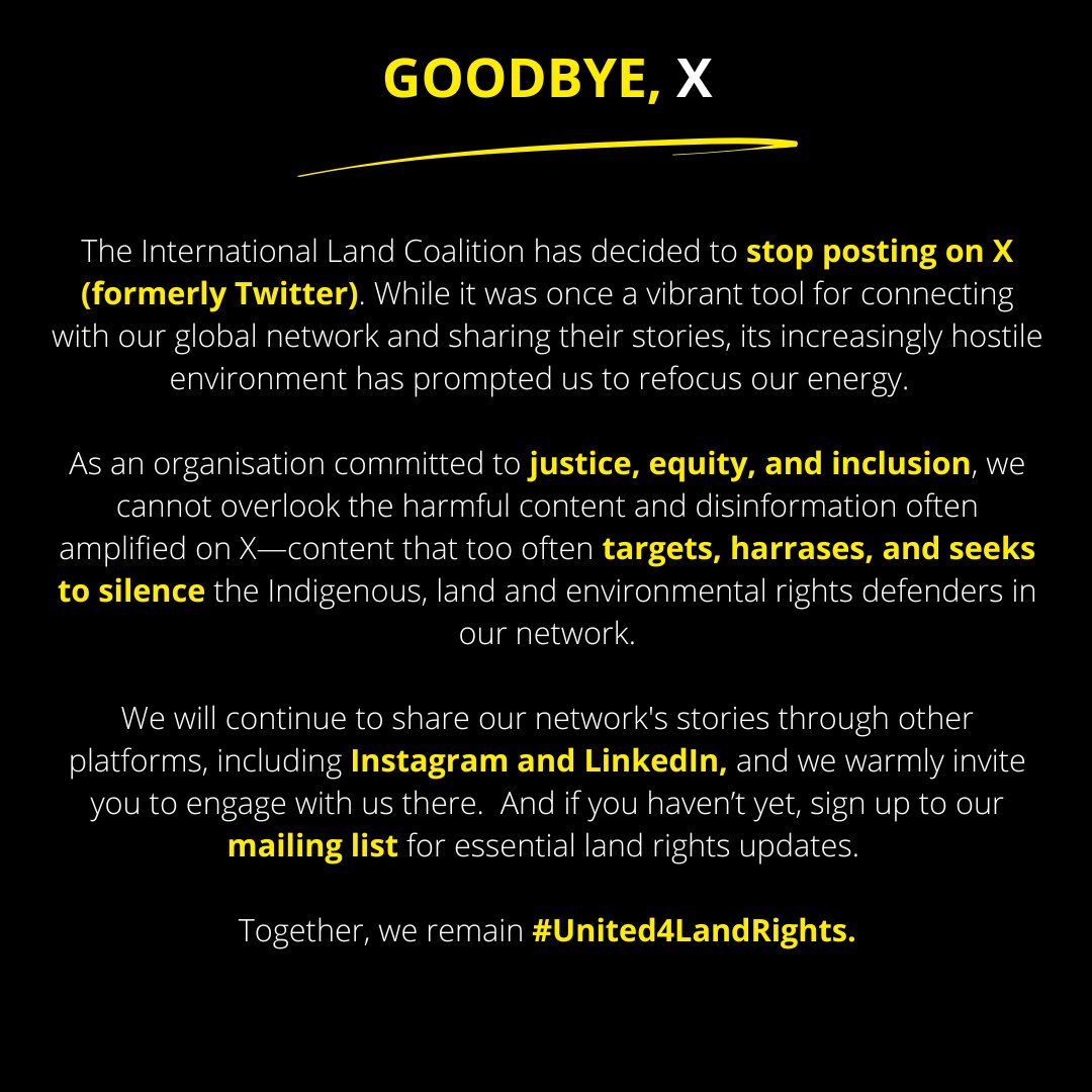 landcoalition's tweet photo. Good bye, X. 

Follow us on Instagram: https://t.co/0STQpamHgK
Follow us on LinkedIn: https://t.co/KNJiUVCWwl 
Subscribe to our mailing list: https://t.co/Zd34HVt8KX

#united4landrights https://t.co/tCEzoxNfcZ