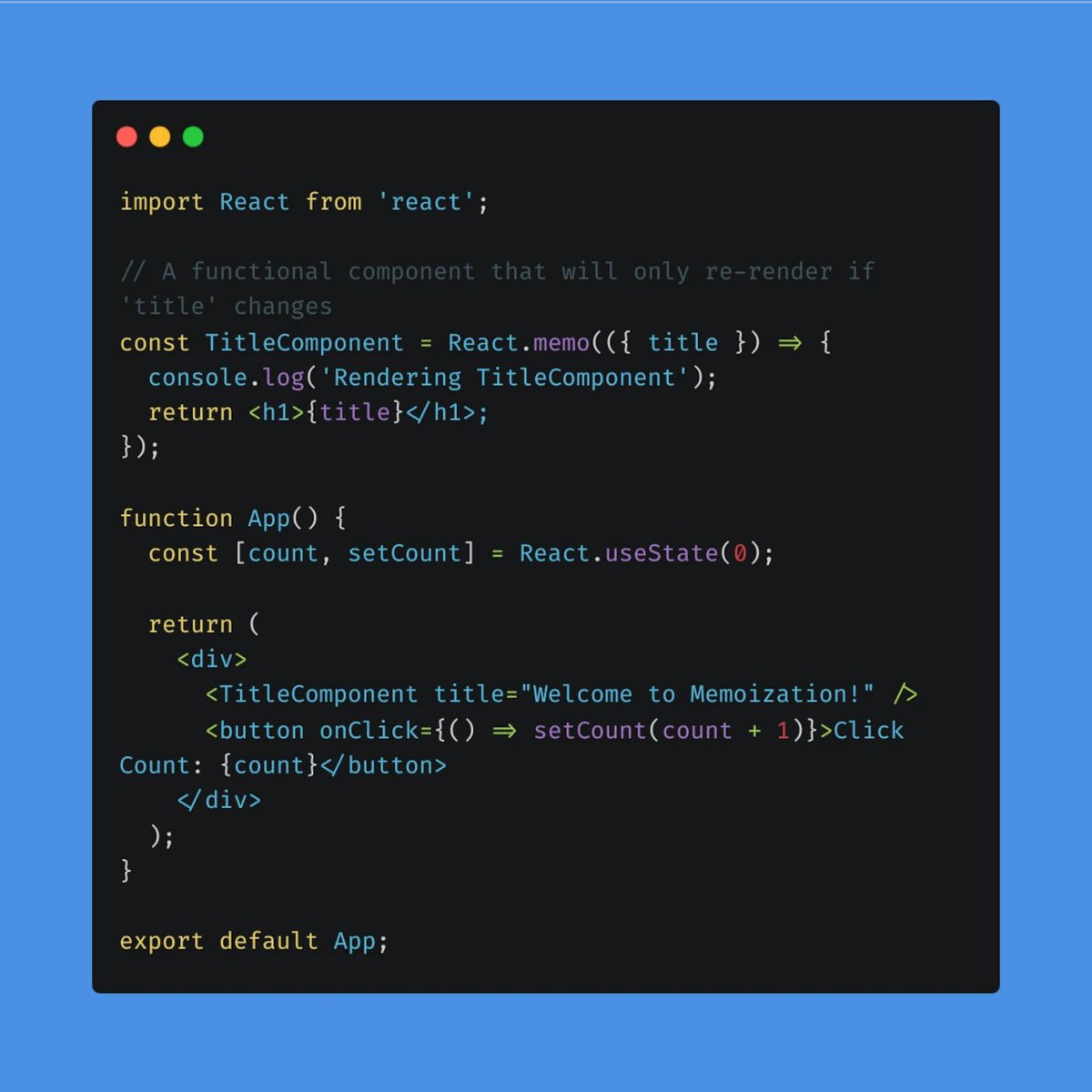 wearebluframe's tweet photo. 🚀 #React Pro Tip: Enhance Performance with Memoization! 🎯

Use React.memo(). Optimize your components. Prevent re-renders

- Improve performance
- Reduce unnecessary updates ⚡️
- Boost app efficiency 💪

Focus on what truly matters. Keep your app running smoothly! 🧠 https://t.co/a26SVYJEmv