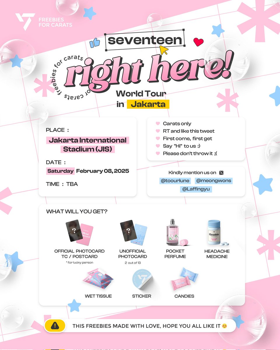 toourlune's tweet photo. [Like &amp; RT are appreciated]

FREEBIES FOR SEVENTEEN RIGHT HERE IN JAKARTA
[Present by @toourlune, @meongwons, @laffingyu]

🗓 February 08th, 2025
📍Jakarta International Stadium (JIS)
⏰️ TBA on the day

Therefore, please follow our rules to grab it. We'll appreciate it a lot 💖 https://t.co/EdLUe3cLfS