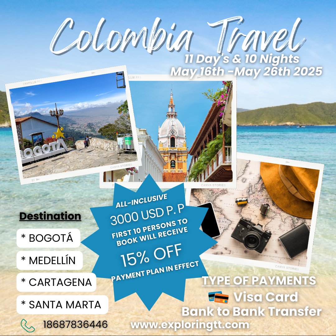 exploringtt's tweet image. Embark on a ten-day journey from Trinidad and Tobago to Colombia, whether solo or with a group, and immerse yourself in the rich culture of Colombia.

WhatsApp for more information 18687836446

Spaces are limited