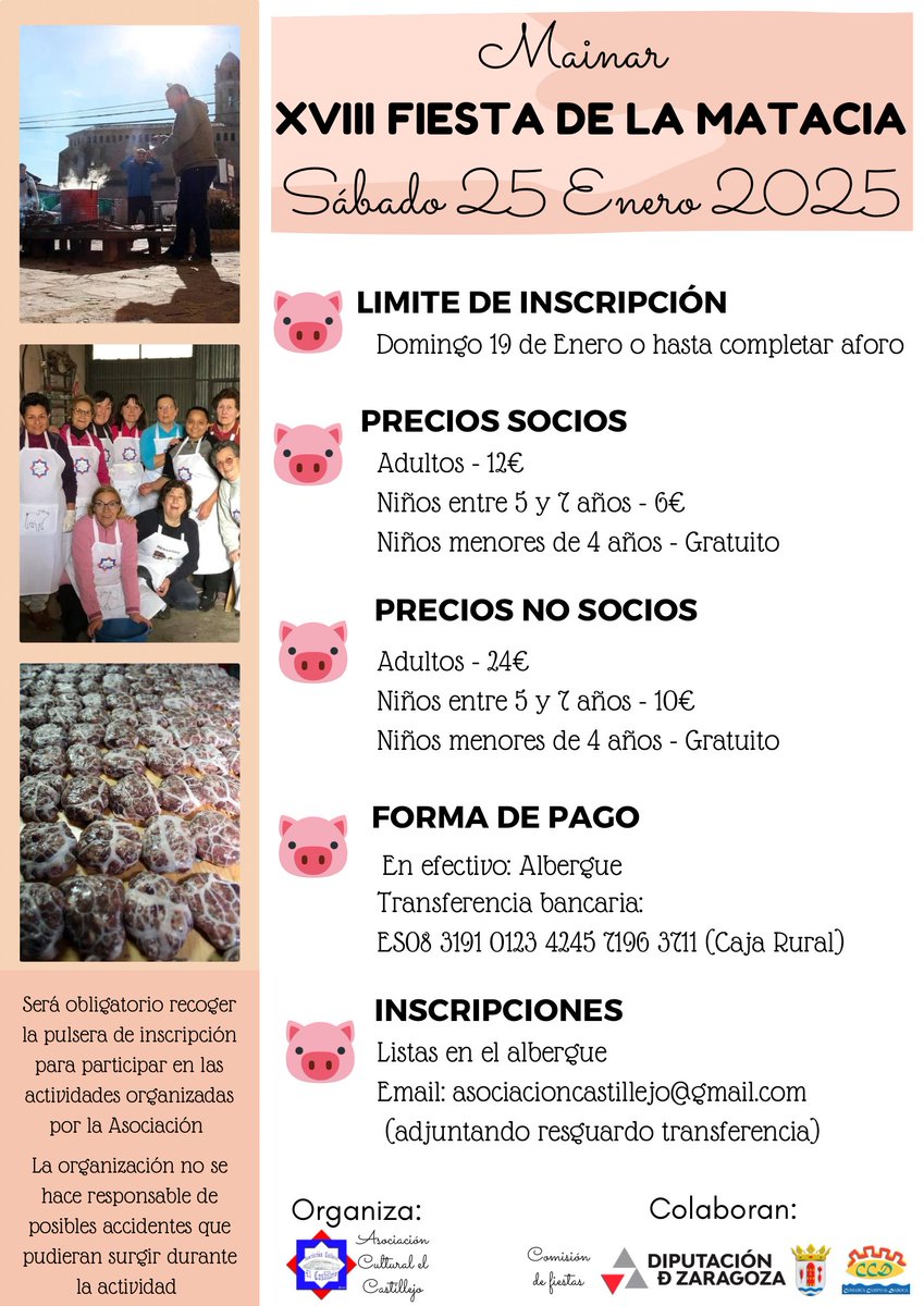 DPZaragoza's tweet photo. 🐖#Mainar celebra el sábado 25 de enero una nueva edición de su tradicional matacía con talleres, concursos y comida popular
🍽️La jornada comenzará a las 10.00 con un almuerzo y se prevé elaborar 700 fardeles y 30 kilos de migas
ℹ️https://t.co/TKwciYeGo6 https://t.co/xkQ1ZYjy32