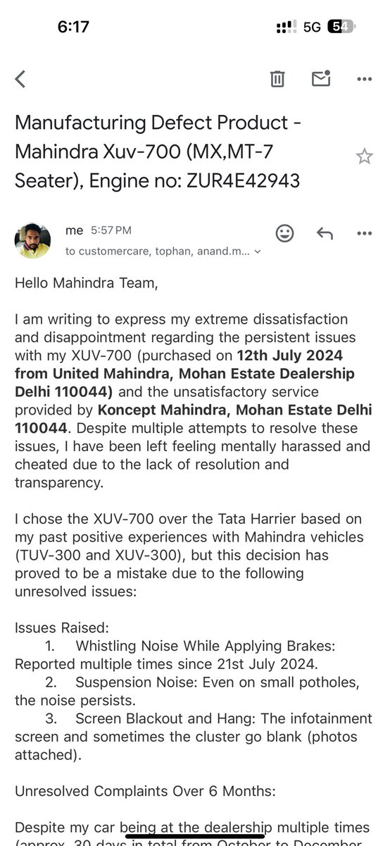 dikshant70's tweet photo. @CaHkgupta @MahindraXUV700 @anandmahindra @MahindraRise @Mahindra_Auto @18002096006 Pathetic vehicle see this email snip.. https://t.co/sROuptTTjj