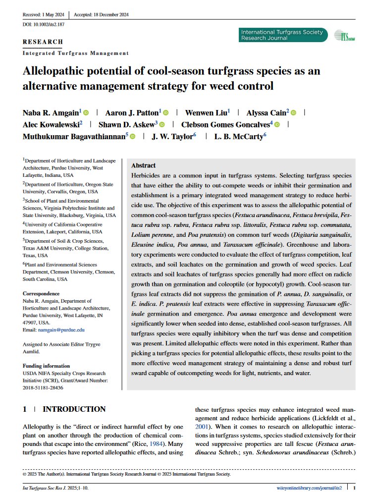 Congratulations to Amgain et al. for publishing this work on turfgrass species allelopathy for weed control. Glad to be a part of this work <a href="/ResistPoa/">USDA-SCRI Annual Bluegrass Collective</a>.  onlinelibrary.wiley.com/doi/10.1002/it…
<a href="/USDA_NIFA/">NIFA</a>