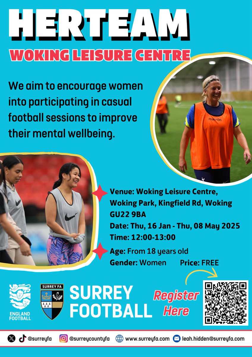SupportSurrey's tweet image. Casual football sessions for women to boost mental wellbeing. 🏃‍♀️⚽
Join HerTeam in Woking! 
First session tomorrow. 

📅 16 Jan &amp;amp;  8 May 
 🕡 midday to 1pm 
📍 Woking Leisure Centre  GU22 9BA
💸 Price: Free
 
More info in the comments 👇 

@surreyfa 

  #HerTeam #WomensFootball