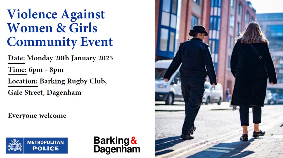 Barking and Dagenham Council (@lbbdcouncil) on Twitter photo Join us and <a href="/MPSBarkDag/">Barking & Dagenham MPS</a> and hear how we’re tackling Violence Against Women and Girls in B&D.
📅 Mon, 20 Jan 🕒 6-8pm 📍 Barking Rugby Club
Listen to guest speakers and have your say in a Q&A session. #SaferBD Join us and <a href="/MPSBarkDag/">Barking & Dagenham MPS</a> and hear how we’re tackling Violence Against Women and Girls in B&D.
📅 Mon, 20 Jan 🕒 6-8pm 📍 Barking Rugby Club
Listen to guest speakers and have your say in a Q&A session. #SaferBD