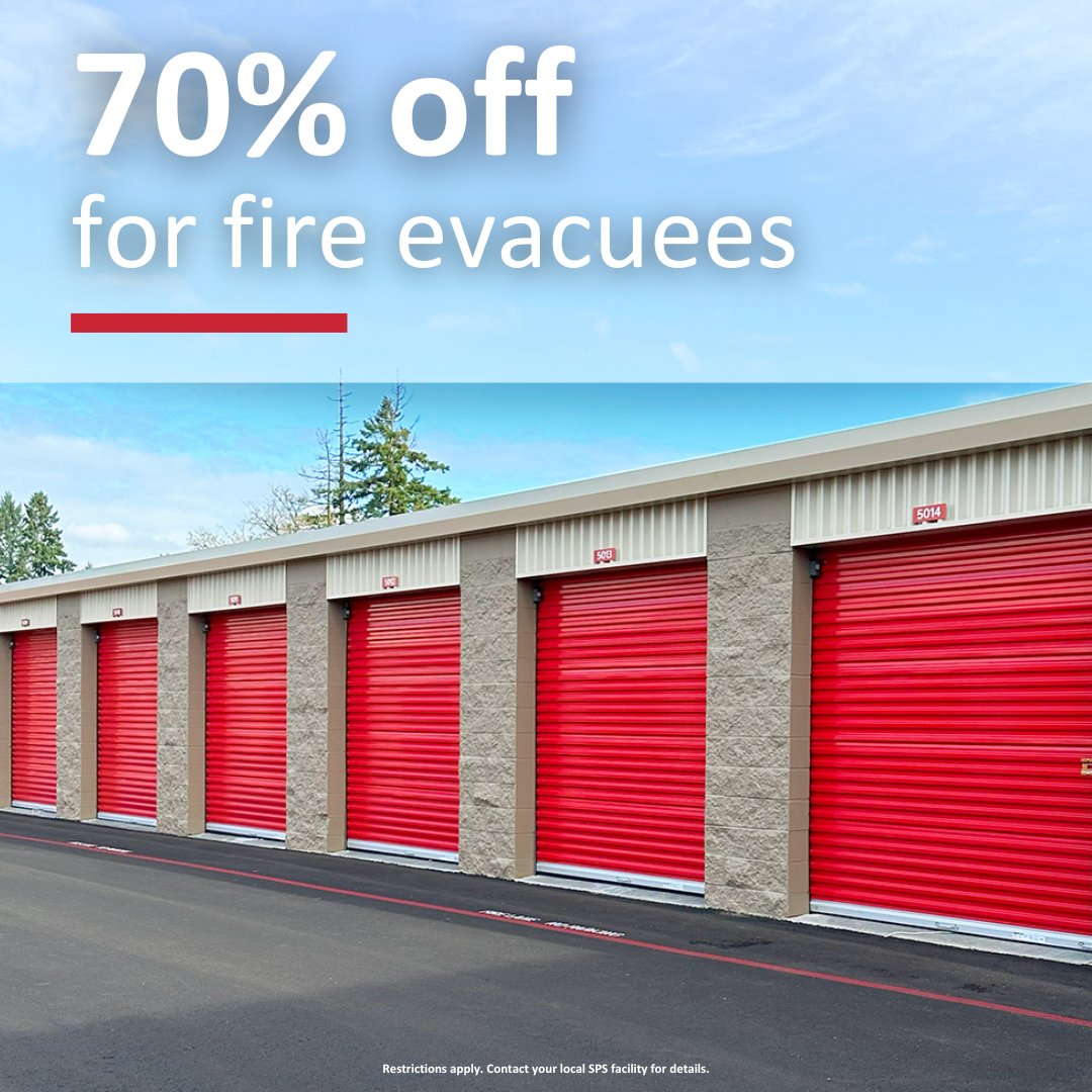 SPStorage's tweet image. To support those impacted by the fires in LA and Riverside County, we’re offering 70% off a storage unit for 2 months.

Contact us or visit your nearest Southern California location to reserve your unit today.