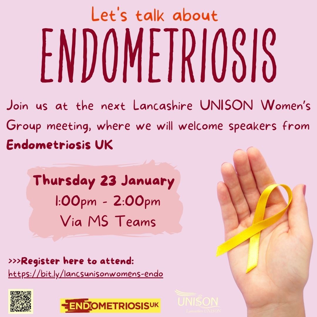 💛 Lancashire UNISON Members - join us online on 23 January at 1pm for our Lancashire UNISON Women's Group with guest speakers from Endometriosis UK and our Regional Women’s SOG. Book your place here 👉 bit.ly/lancsunisonwom…