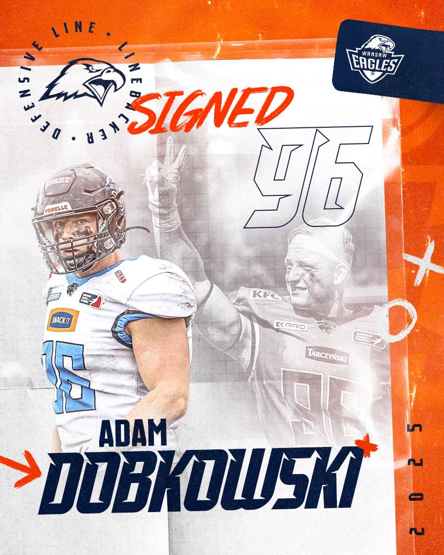 WarsawEagles's tweet image. 💣BOOOM💣
Z przyjemnością ogłaszamy, że w sezonie 2025 do naszej drużyny dołączą:

🟠 Konrad Paszkiewicz DL
🔵 Eryk Paszkiewicz DL
🟠 Adam Dobkowski LB
🔵 Mateusz Dzioban DB 

🦅🏈🔥

#StayHungry #StayFly #WarsawEagles #PFL1 #CEFL