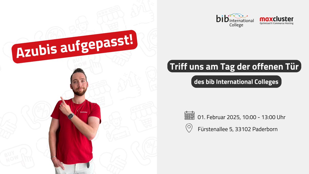 maxcluster's tweet image. Starte deine IT-Karriere! 🚀 

Am 01.02. ist #maxcluster beim Tag der offenen Tür des bib International Colleges in Paderborn. Komm gerne vorbei &amp;amp; stelle uns deine Fragen!  

P.S.: Wir suchen aktuell Azubis (Fachinformatiker*in Systemintegration). 

👉 maxcluster.de/jobs