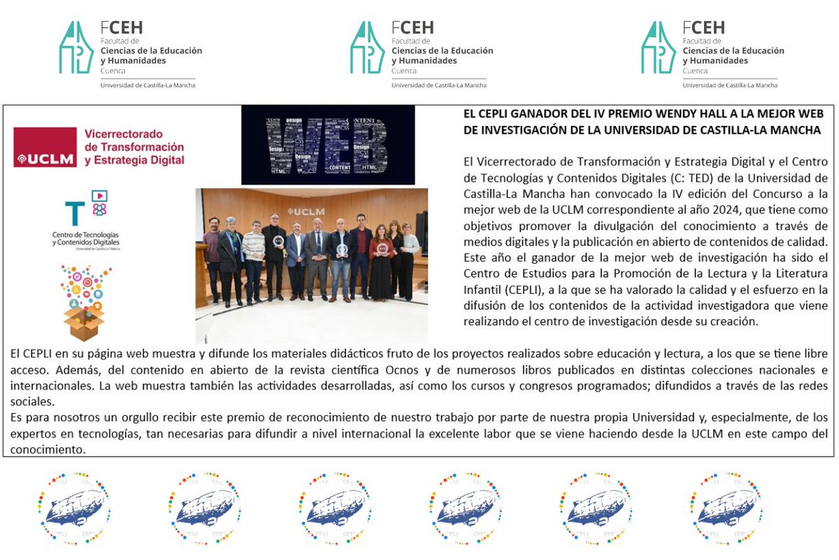 la web del <a href="/Cepli_uclm/">CEPLI</a>  integrado en nuestra Facultad ha obtenido el Premio “Wendy Hall 2024” del Vicerrectorado de Transformación y Estrategia Digital a la mejor web de investigación de la UCLM.
¡Enhorabuena!